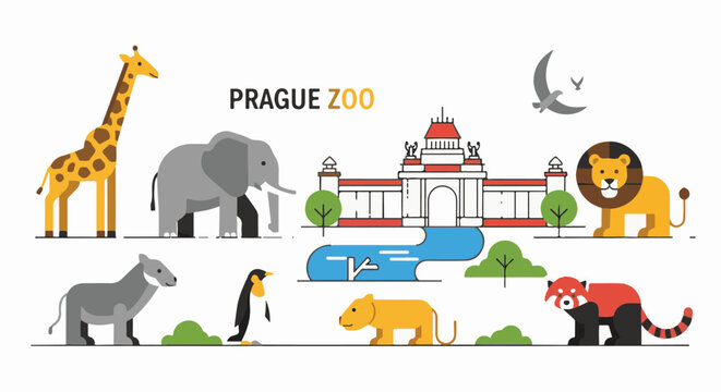 Diverse zoo animals and a stylized building with a water feature