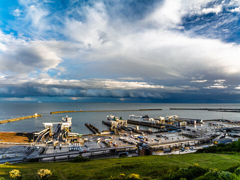 Port of Dover from a drone, White Cliffs, Dover, Kent, England