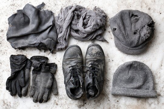 Worn and tattered winter clothing items laid out on a dirty surface, representing hardship and survival.