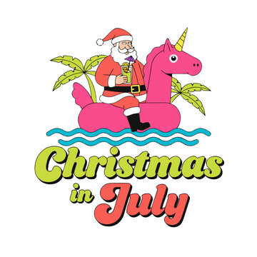 Christmas in july santa riding unicorn float in ocean with palm trees and drink.
