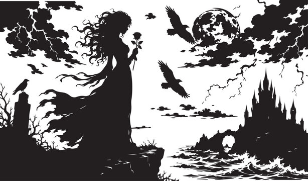 Gothic Dark Fantasy Silhouette of a Woman Holding a Rose overlooking a Stormy Sea with a Haunted Castle, Crows, and Full Moon in a Dramatic Black and White Vector Illustration Backdrop