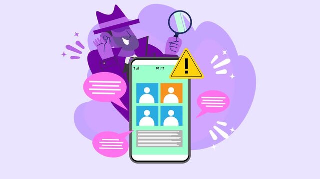 Flat vector animation of a smartphone phishing scam with personal data theft, identity fraud, warning alert, and cybersecurity threat elements.