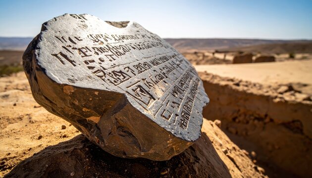 Weathered basalt slab displaying ancient Ugaritic cuneiform inscription in an archaeological desert setting