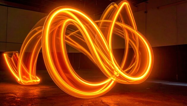 Vibrant orange neon gas glowing intensely within a clear glass tube bent into an abstract infinite loop, creating a dynamic light painting effect.