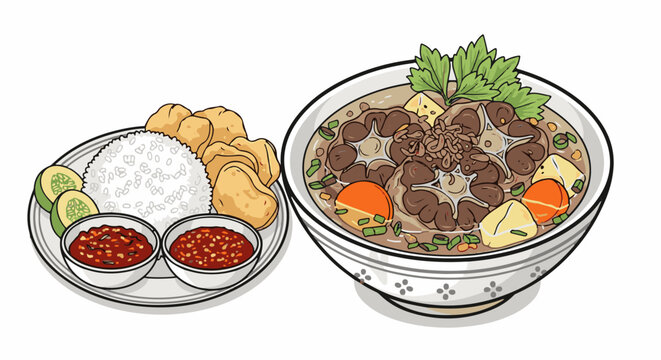 A hearty oxtail soup with rice, crackers, and chili sauce