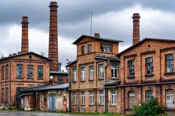 Fototapeta premium Abandoned brick factory buildings with towering chimneys