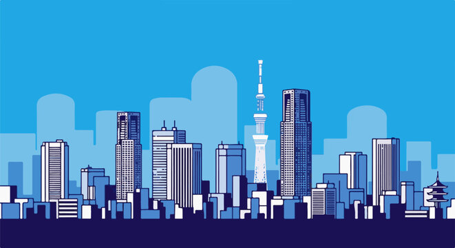 Blue city skyline with varied tall buildings under a bright sky