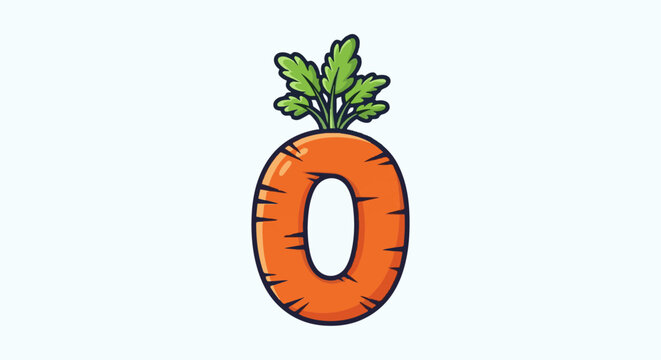 An orange root vegetable shaped like the number zero with green leafy tops