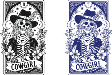 Obraz premium Funny skeleton halloween tarot card vintage cowgirl skeleton illustration for occult decor spooky designs
