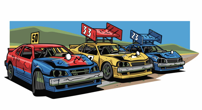 Three colorful, damaged race cars line up on a dirt track, ready to compete