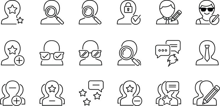 User profile action icon set illustration, identity verification search communication symbols, account security management concepts, social interaction feedback, outline flat vector