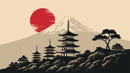 Serene Japanese Landscape Art Featuring Mount Fuji, Traditional Pagoda Temples, and a Rising Red Sun. Vintage Minimalist Vector Illustration for Travel and Cultural Themes. © Sadek