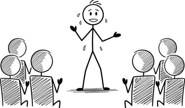 A nervous stick figure addressing a small group of people in a presentation setting