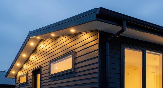 Modern house exterior with dark siding and warm soffit lighting at twilight