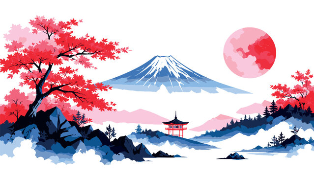 Serene Japanese Landscape Vector Illustration Featuring Mount Fuji Snow-Capped Peak, Red Autumn Maple Trees, Traditional Pagoda Temple, and Rising Sun on White Background for Travel Design