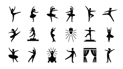 Set of 20 Black Ballet Dancer and Stage Icons Vector © Monwara Perven