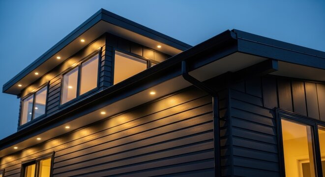 Modern contemporary house exterior with dark horizontal siding and warm soffit lighting at dusk