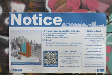 Fototapeta premium Notice of Proposed Development Application & Public Meeting Sign at 291 Lake Shore Blvd E and Small St, Toronto