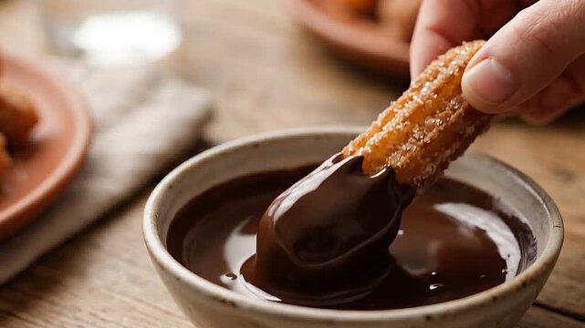 Hand dipping a sugar coated churro into a bowl of rich dark chocolate sauce on a rustic wooden table
