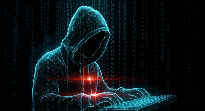 Anonymous hacker in a dark hoodie typing on a keyboard with falling binary code, symbolizing a severe cybersecurity threat and data breach