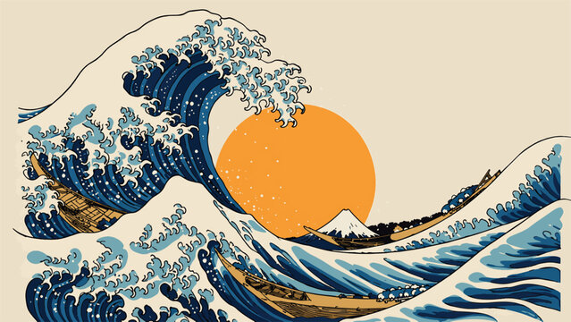 Traditional Japanese Ukiyo-e Style Vector Illustration of The Great Wave off Kanagawa with Mount Fuji and a Rising Sun. Iconic Ocean Landscape Background for Artistic Design Projects.