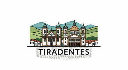 Naklejka premium Stylized illustration of historic colonial buildings with rolling hills and cobblestone street