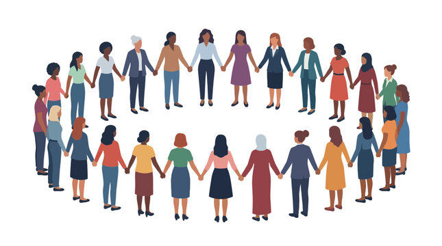 Diverse group of women standing in a circle holding hands together.