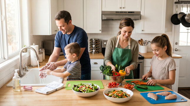 Happy family preparing a healthy dinner together in their bright modern kitchen while the father helps his young son wash hands and the mother watches her daughter chop fresh vegetables
