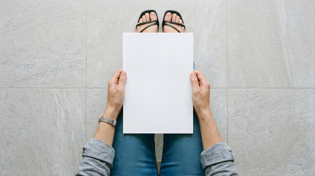 Woman holding blank white sign on floor with legs crossed