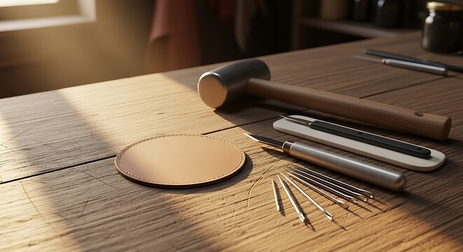 A circular leather patch sits on a rustic workshop workbench alongside professional leathercraft tools including a mallet, needles, and a carving knife
