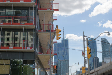 Fototapeta premium (at right) looking west, (at left) construction of Lakeside Residences (now: Pinnacle Lakeside), designed by Hariri Pontarini Architects, located at 215 Lake Shore Blvd E near Lower Jarvis St, Toronto
