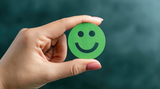 A thumb and forefinger hold a vibrant green smiley face against a dark, textured background
