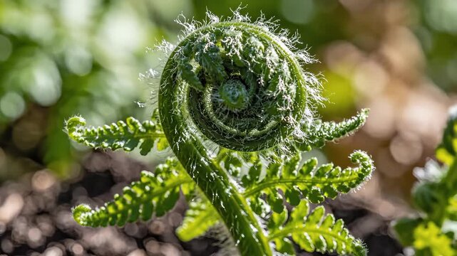 Unfurling green fern fiddlehead with fine hairs in sunlit forest macro. Perfect for wellness branding, eco-content, meditation visuals