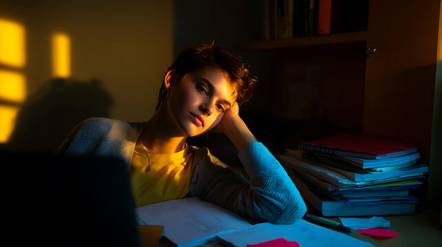 Young student rests head on hand at a desk in a dormitory or home, feeling tired or apathetic under window light, amidst school books and papers