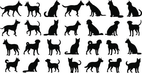 Large set of black vector silhouettes featuring various breeds of dogs and cats in different poses like sitting standing and walking on white background © MdAbdur