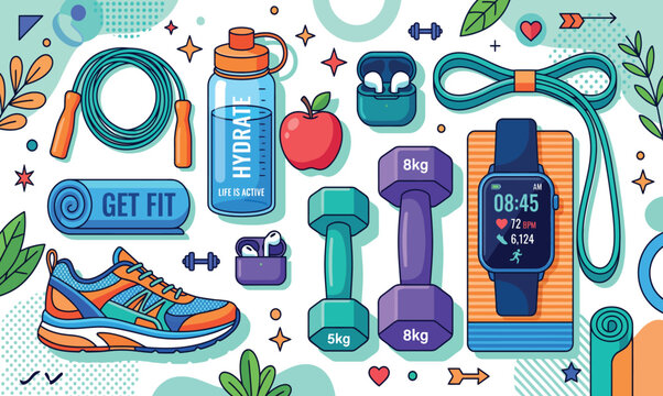 Colorful fitness gear and accessories illustration