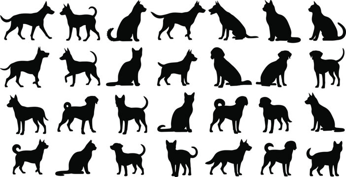 Large set of black vector silhouettes featuring various breeds of dogs and cats in different poses like sitting standing and walking on white background