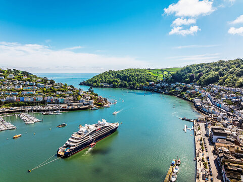 Le Bellot cruising ship on River Dart from a drone, Ponant Explorers, Dartmouth and Kingswear, River Dart, Devon, England