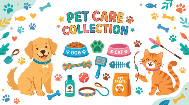 Colorful pet care collection with dog and cat icons