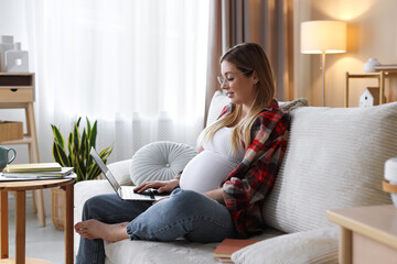 Obraz premium Pregnant woman working with laptop on sofa at home