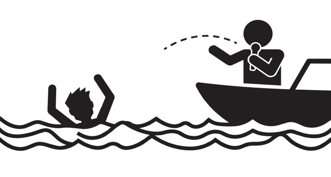 Conceptual vector icon symbolizing useless advice in a crisis: a person drowning while a speaker in a boat merely talks without offering a real lifebuoy.