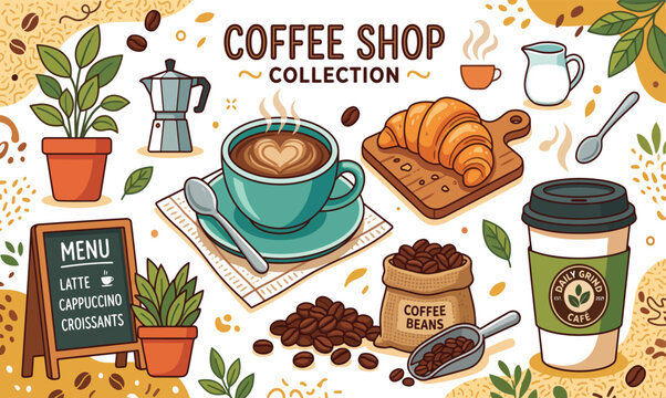 Colorful coffee shop collection illustration