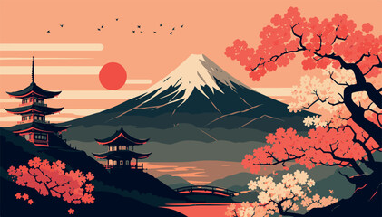 Stunning Japanese Vector Illustration with Mount Fuji, Pagoda Architecture, and Pink Sakura Cherry Blossoms in a Minimalist Flat Style, Ideal for Travel Posters and Asian Culture Themes. © raja