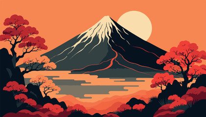 Majestic Mount Fuji Landscape with Traditional Red Japanese Pine Trees and Sunrise Backdrop Vector Illustration - Artistic Japanese Culture Travel Poster Background and Scenery © raja