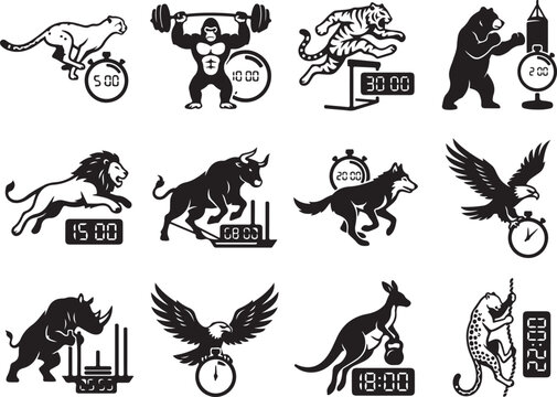 Wild animals and fitness sport concept vector icons with strength training exercise kangaroo wildlife athletic