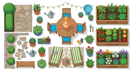 Overhead View Of Garden Furniture And Planted Beds Vector Illustration © NIPU