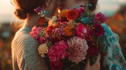 Fototapeta premium Couple Embracing Holding Colorful Bouquet of Flowers