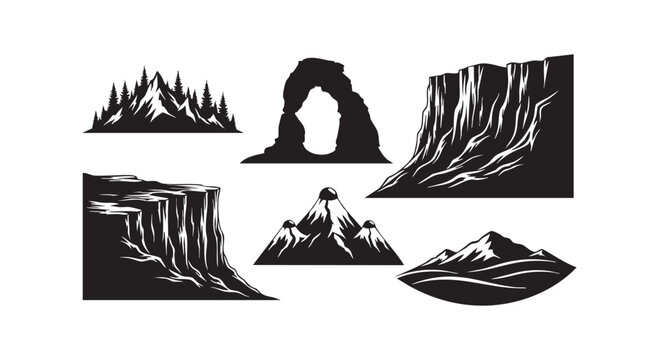 Mountain landscape collection with nature peaks rocks arches and cliff formations for outdoor adventure travel adventure.
