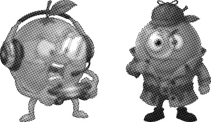 Funny apple fruit cartoon characters set with halftone dot pattern for video game player and detective mascot © md ruhul amin
