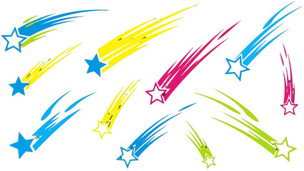 A collection of colorful shooting stars with blue, yellow, pink, and green trails, each with a white star at its head, set against a white background. © Nevermind